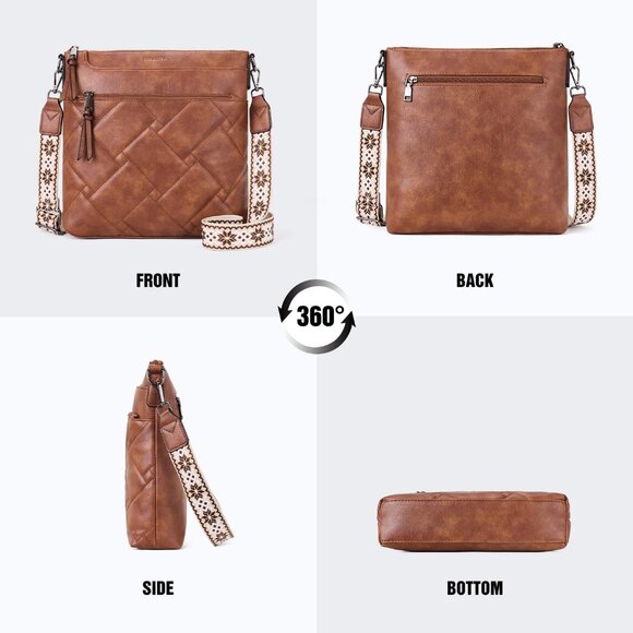 Brown Quilted Vegan Leather Crossbody Bag for Women with RFID Card Slots, Travel - Picture 7 of 7